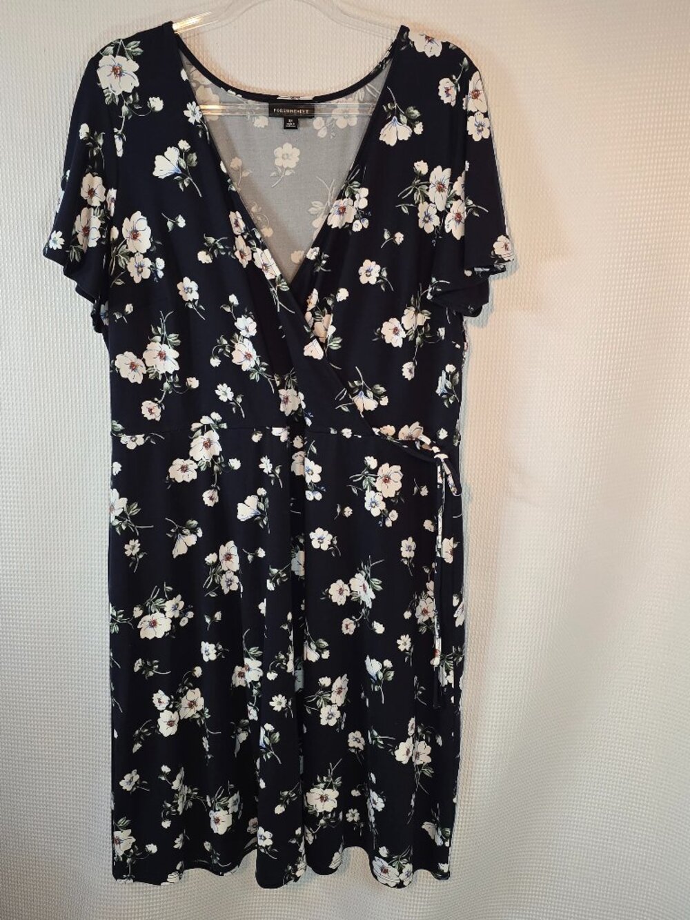 Fortune & Ivy 2X Navy Floral Faux Wrap Dress Short Sleeve Tie Waist